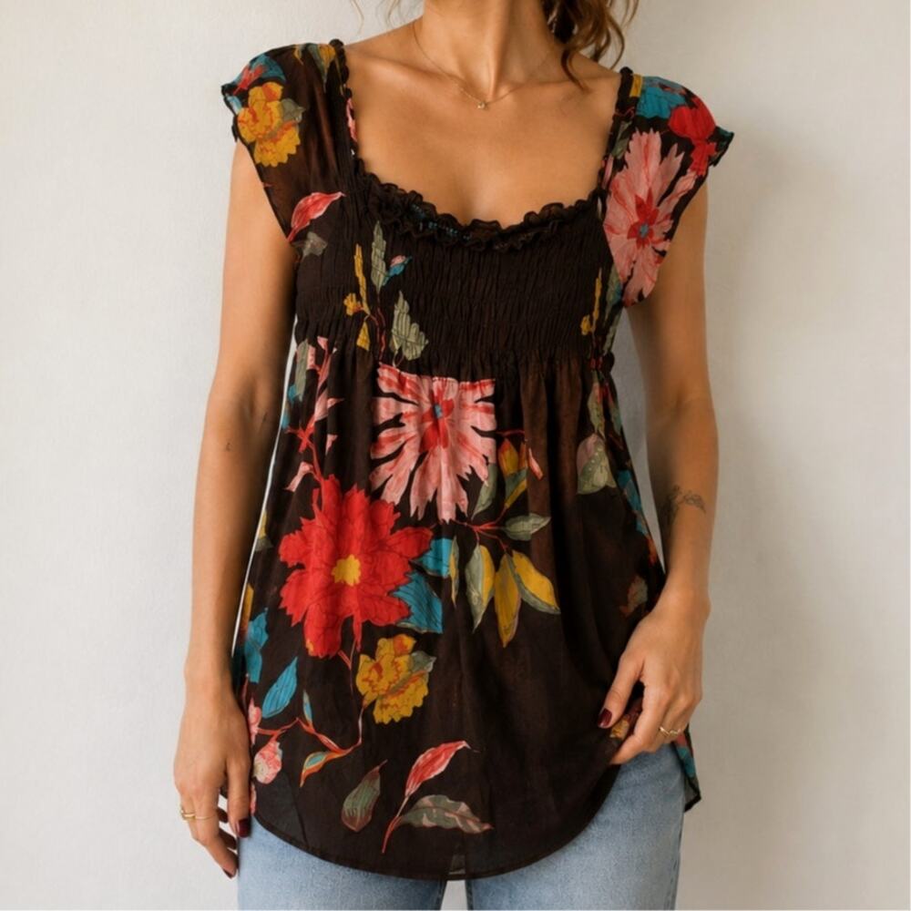 Vintage Brown Floral Smocked Babydoll Peasant Tunic Top Size Large 100% Cotton